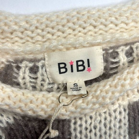 NWT Bibi Mixed Checkered Chunky Knitted Sweater Comfy Mocha Brown Beige Womens - Picture 6 of 8